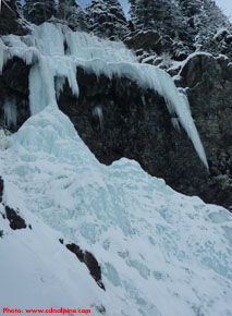 Upper pitches of Louise Falls ice climb above Lake Louise